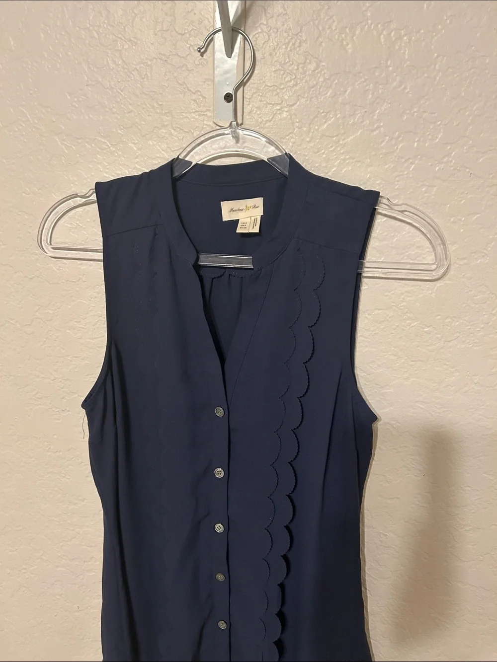 🧩Meadow Rue Anthropologie Sleeveless Scallop-Trim Button Front Navy size 0 GUC